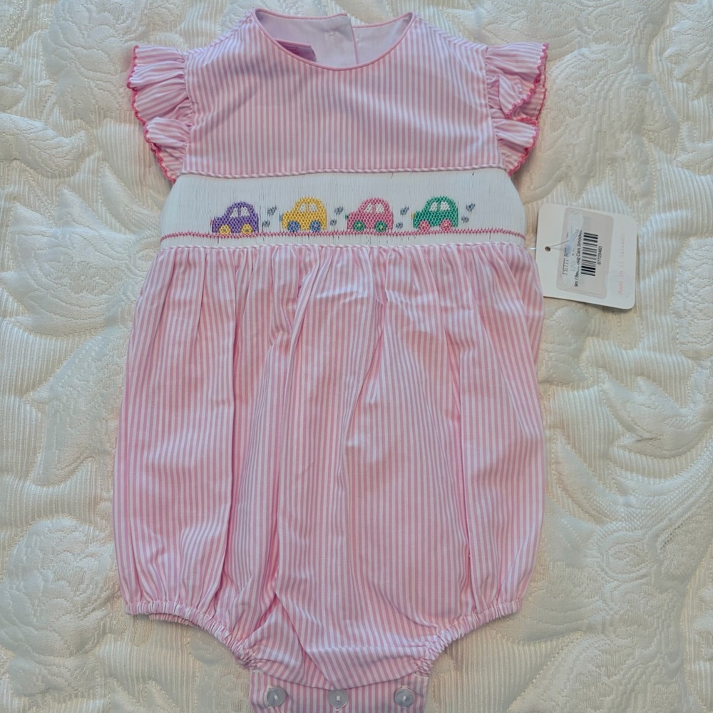 Pink Striped Baby Bubble with Smocked Car Detail
